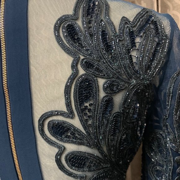 NWT Elie Saab Peacock Blue Sequin Beaded Long Sleeve Gown Dress, Sz 36 - Picture 12 of 14